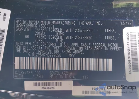 2022 Toyota Highlander Xse from USA, damaged, VIN 5TDLZRBH7NS222890